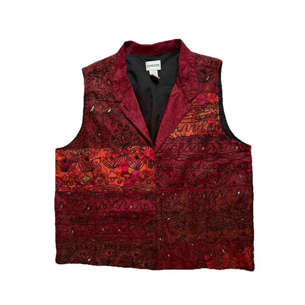 Chicos Vest Embroidered Sequins Boho Silk Blend  Sz 1 (8-10) Festival Reds